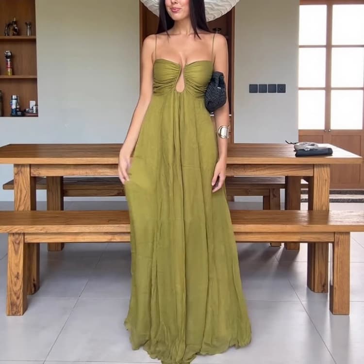 Solid Color Women Sexy Vacation Dress U Neck Spaghetti Strap Maxi Dress