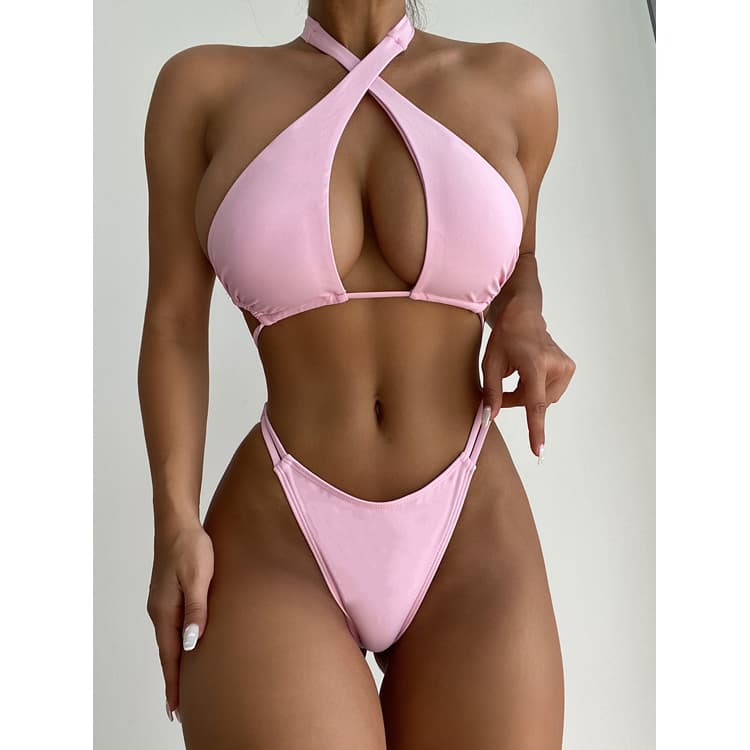 New Solid Color Sexy Thong Swimwear Women Bikini Beachwear Two Piece Swim Wear Bathing Suit