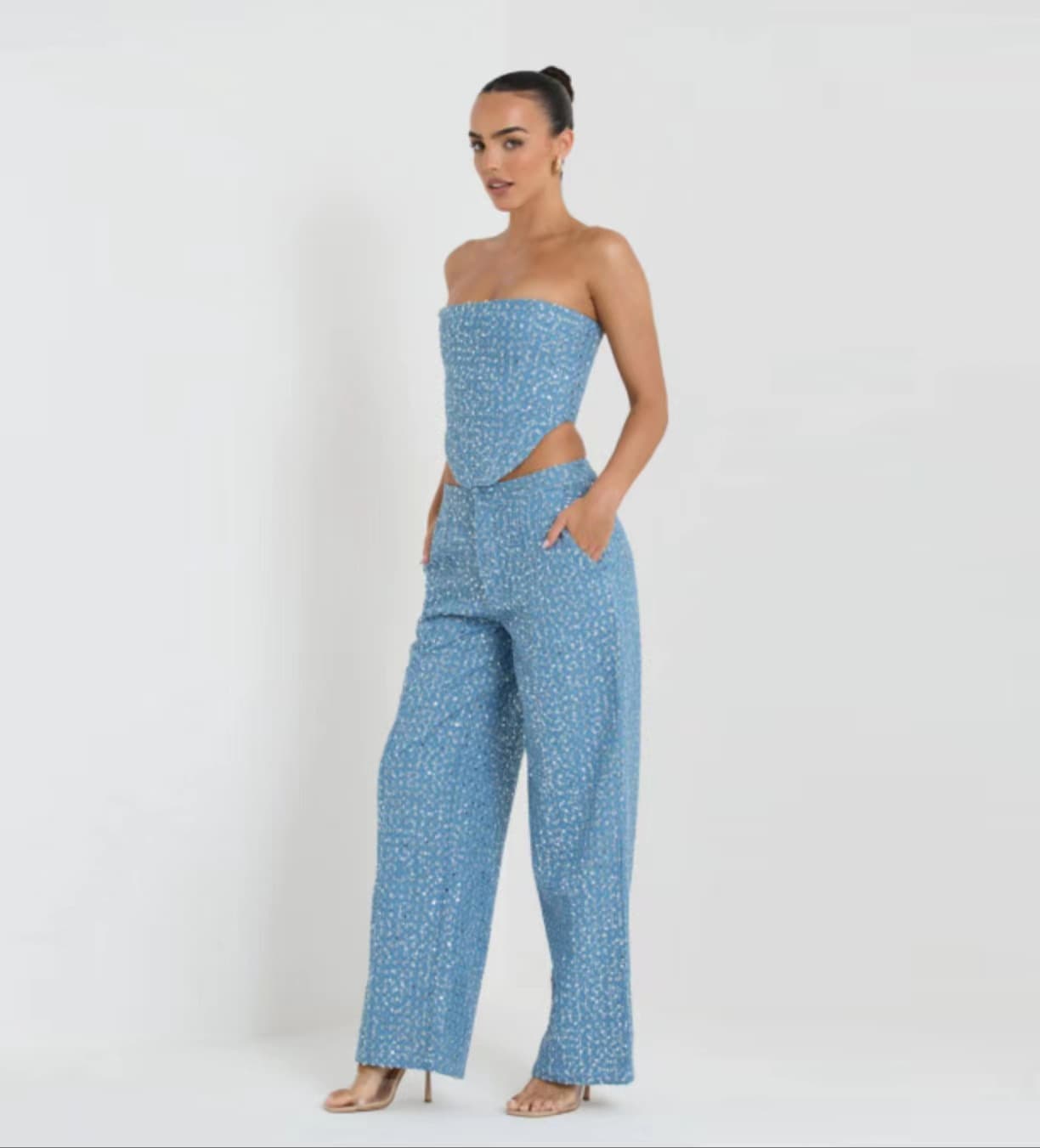 Denim Sequined Tube Top Set 2025 Multi Pocket Cargo Jumpsuit Factory Directly Fashion Women Suit Wholesale