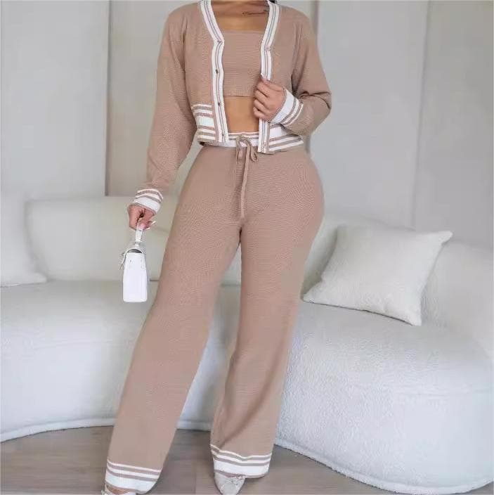 Striped Knitted Cardigan Wholesale Long Sleeved Women Suit Custom logo Drawstring Trousers Factory Directly