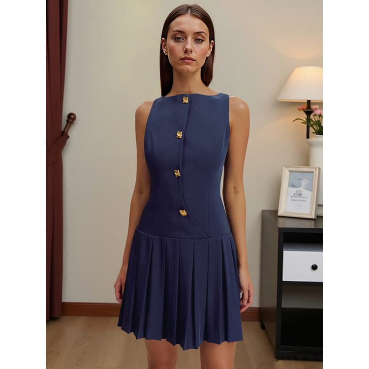 New Arrival Simple Women Casual Dress Elegant Wide Pleated Hem Waist Solid Color Metal Button Sleeveless Mini Dress with Lining