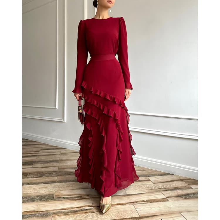 Elegant Long Dress Wholesale Ruffled Mesh Dress Custom logo Simple Solid Color Dress Factory Direct