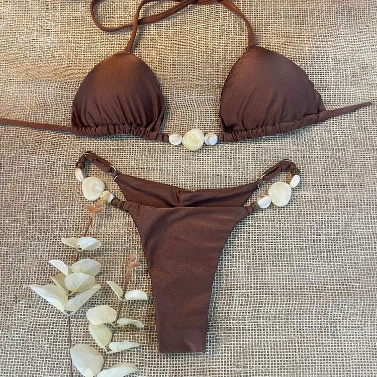 Wholesale Shiny Brown Bikini Sexy Triangle Swimsuit Customized Label Brazilian Swimwear for Women