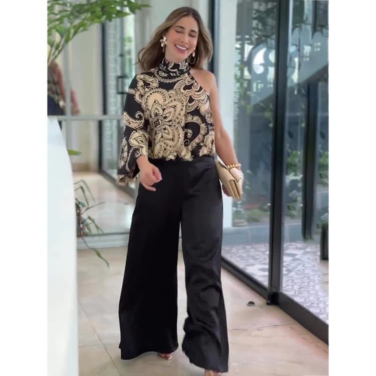 Retro Asymmetrical Suit Wholesale Stand Neck Printed Top Custom logo Loose Trousers Factory Direct