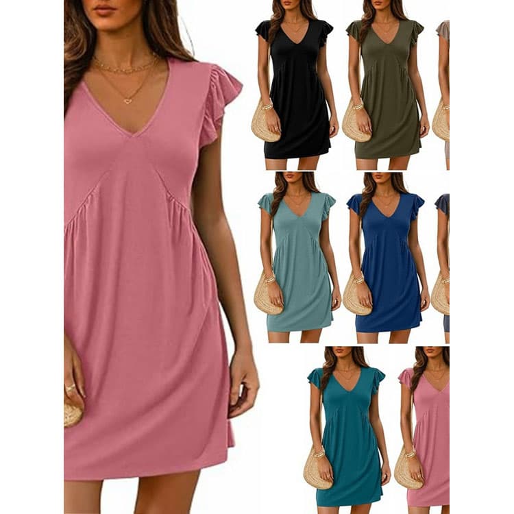V Neck Casual Dress Wholesale Flyer Sleeve Short Skirt Custom logo Simple Solid Color Short Skirt Factory Direct