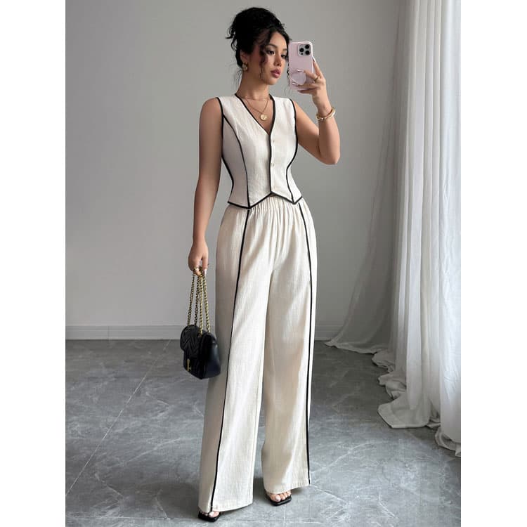 Elastic Straight Trousers Factory Directly Fashion Women Sets Wholesale Sleeveless V Neck Vest Custom logo