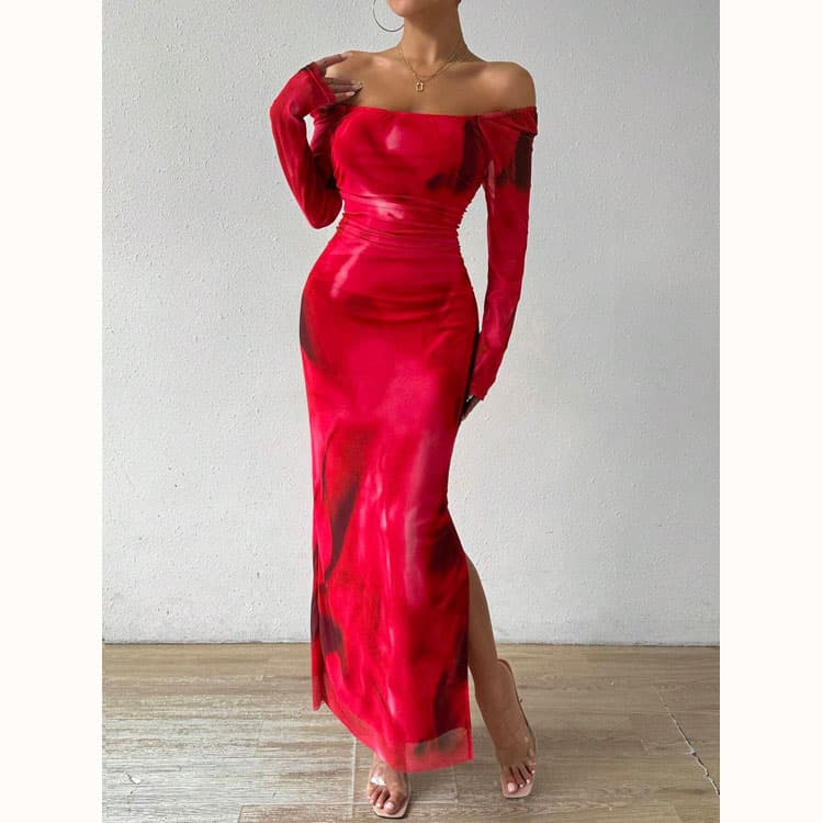 XS-3XL One Shoulder Maxi Dress Wholesale Printed Mesh Dress Custom logo Split Leg Slim Dress Factory Directly