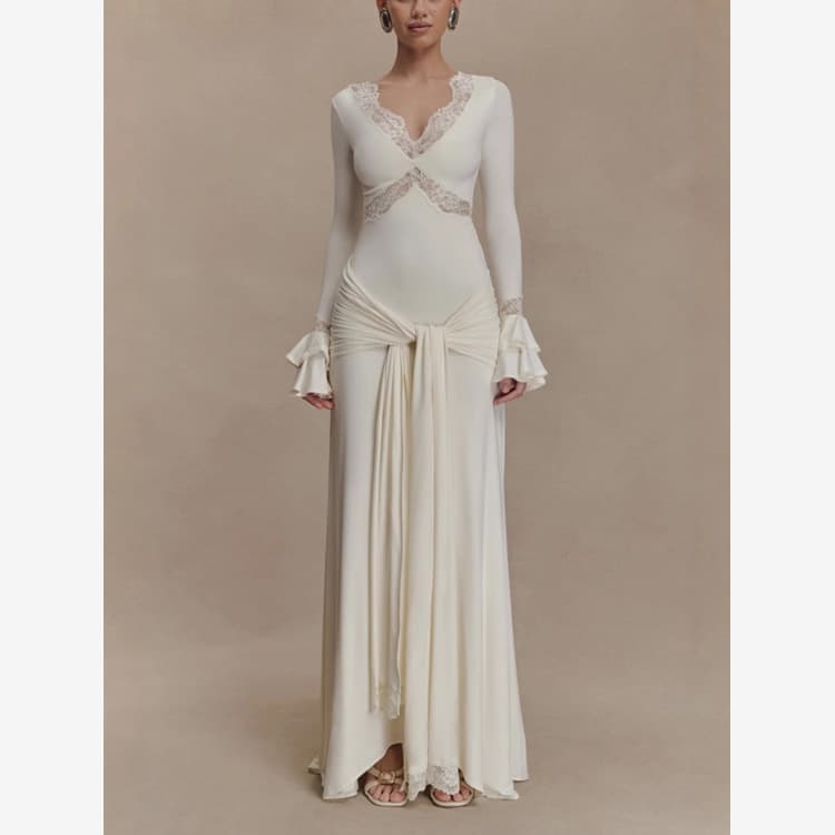 Wenshuo Ruffled Casual Dress Wholesale Bandage Long Sleeve Dress Custom logo Lace Maxi Dress Factory Direct