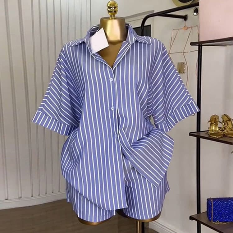 Striped Women Suit Custom logo Short Sleeve Lapel Top Factory Direct Blue and White Loose Shorts Wholesale