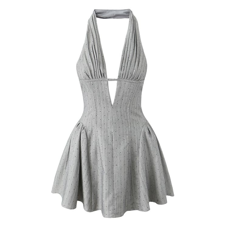 Temperament Sexy Girl Diamond Halter Dress Female 2025 New Style High Quality Dress Deep V Neck Pleated Casual Dress