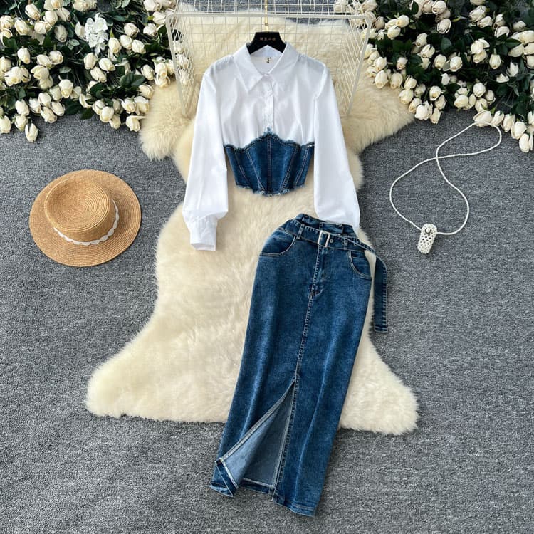 Long Sleeve Lapel Top Custom logo Color Block Denim Suit Factory Direct Belt Split Maxi Skirt Wholesale