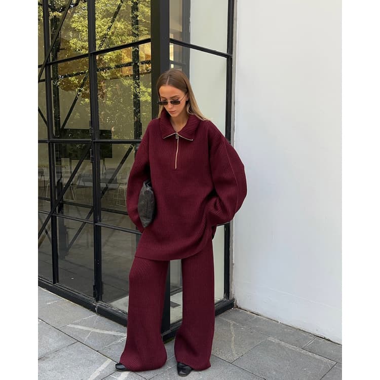 Wenshuo Solid Color Knitted Suit Wholesale Loop Neck Loose Suit Custom logo Winter Women Suit Factory Direct