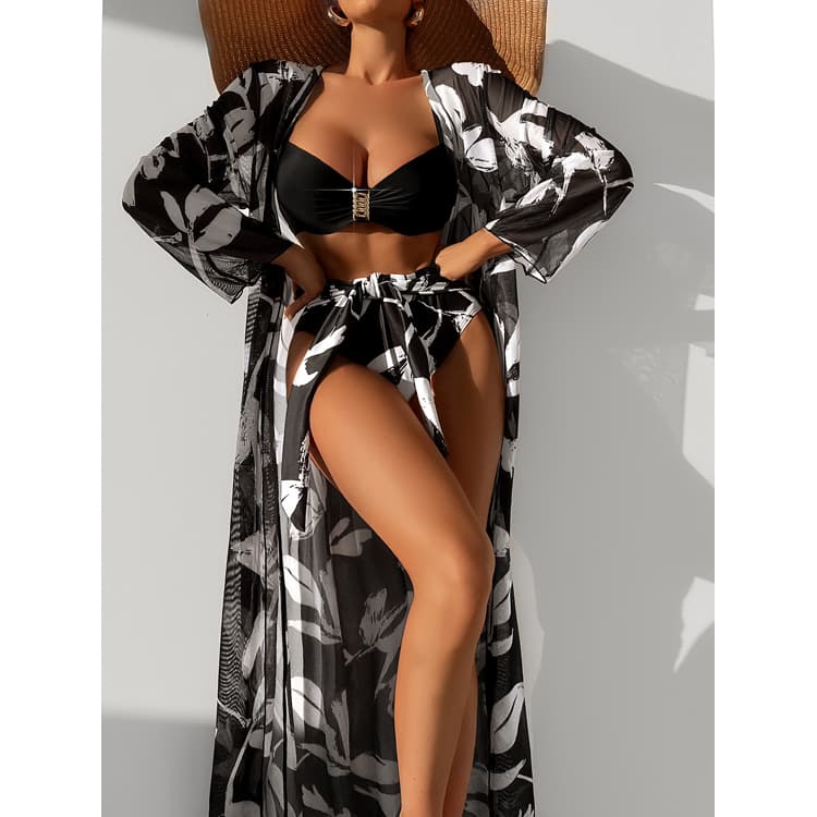 Holiday Beach Wear Mesh Cover up String Bikini for Women Swim Wear 3 Piece Bikini Set Swimsuit With Cover Ups Floral Bikini