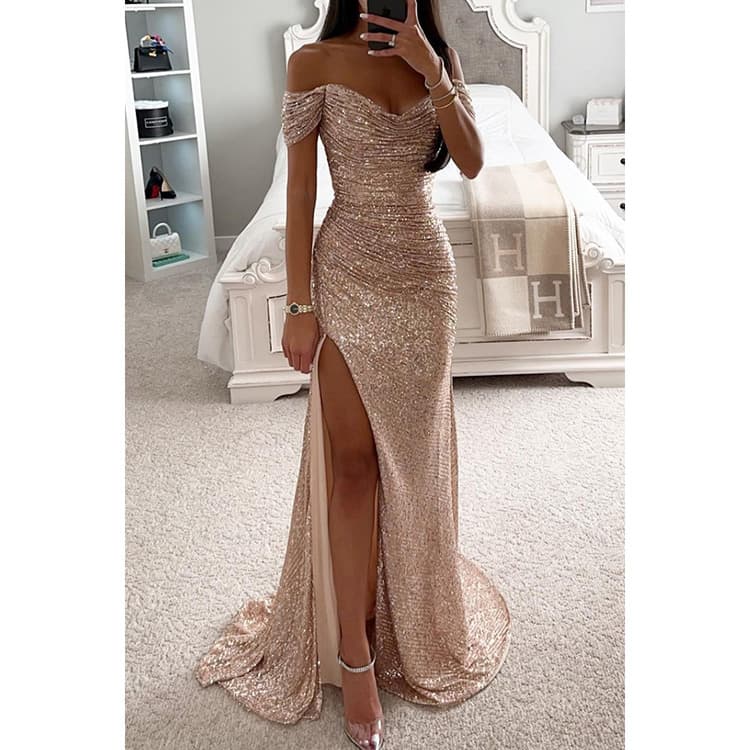 Wenshuo Sparkling Evening Dress Wholesale Sexy Off Shoulder Dress Custom logo Fashion Split Fishtail Dress Factory Direct