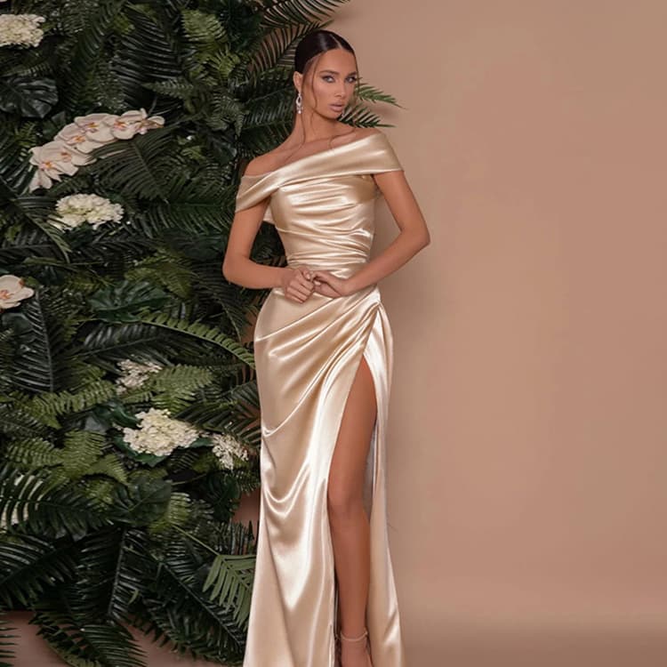 Solid Color Split Skirt Factory Direct Satin Evening Gown Wholesale Elegant Pleated Dress Custom logo