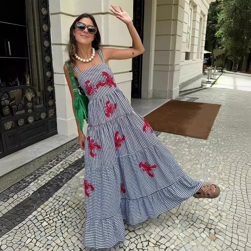 Cartoon Casual Dress Custom logo Square Neck Sleeveless Long Dress Wholesale Embroidered Beach Dress Factory Directly