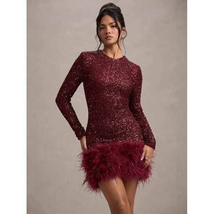 Women Sequin Feather Dress Long Sleeve Sexy Round Neck Evening Gown Solid Color Party Dress