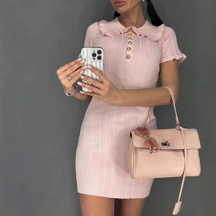Hepburn Style Dress Custom logo Lapel Slim Short Dress Wholesale Knitted Casual Dress Factory Directly