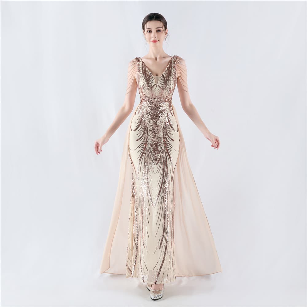 S-2XL Pearl Sequin Evening Dress Wholesale Mesh Skirt Long Dress Custom logo High End Evening Dress Factory Directly