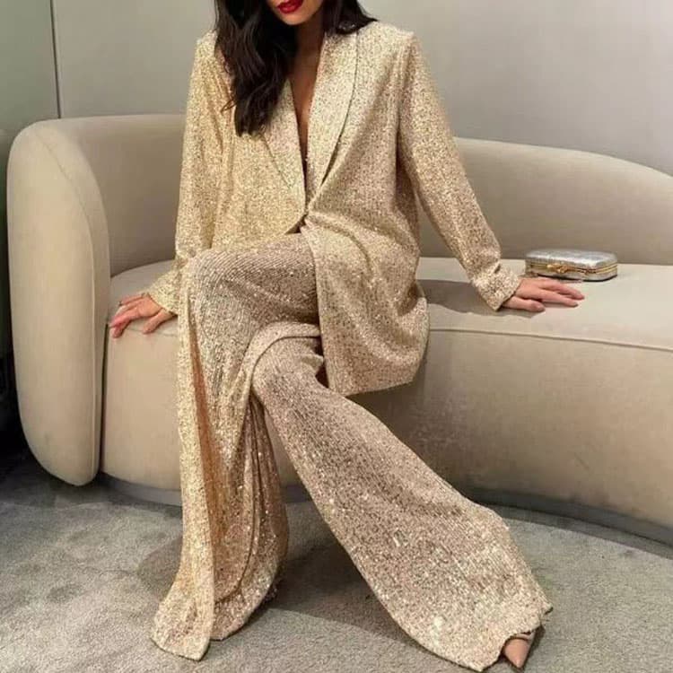 Sequined Suit Set Wholesale Long Sleeve Lapel Suit Custom logo Loose Straight Trousers Factory Direct