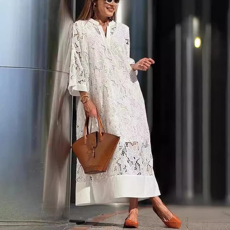 S-3XL Hollow Print Dress Factory Directly Long Sleeve V Neck Dress Wholesale Simple Casual Dress Custom logo