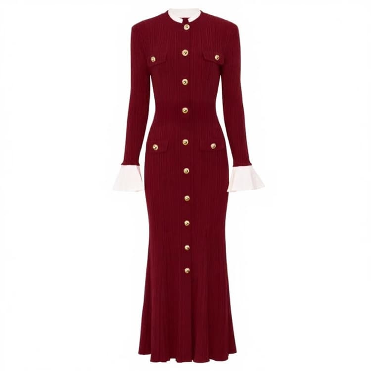 Ruffled Knit Dress Wholesale Vertical Striped Dress Custom logo Button Maxi Skirt Factory Direct