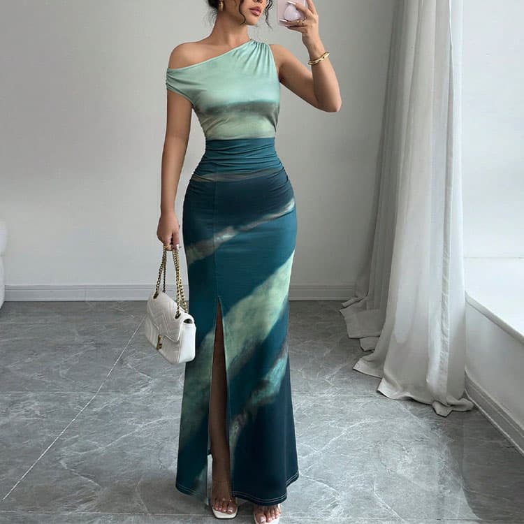Printed Fitted Dress Custom logo Off Shoulder Sexy Maxi Dress Wholesale Satin Split Dress Factory Directly