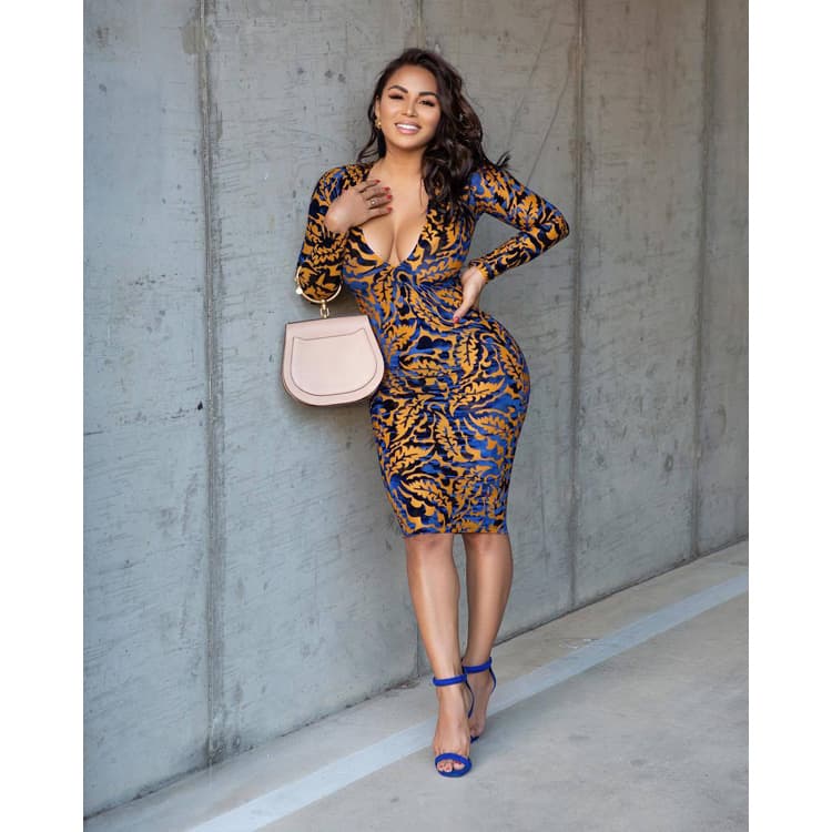 European and American Winter New Plus Size Dress V-Neck Printed Long Sleeved Casual Dress