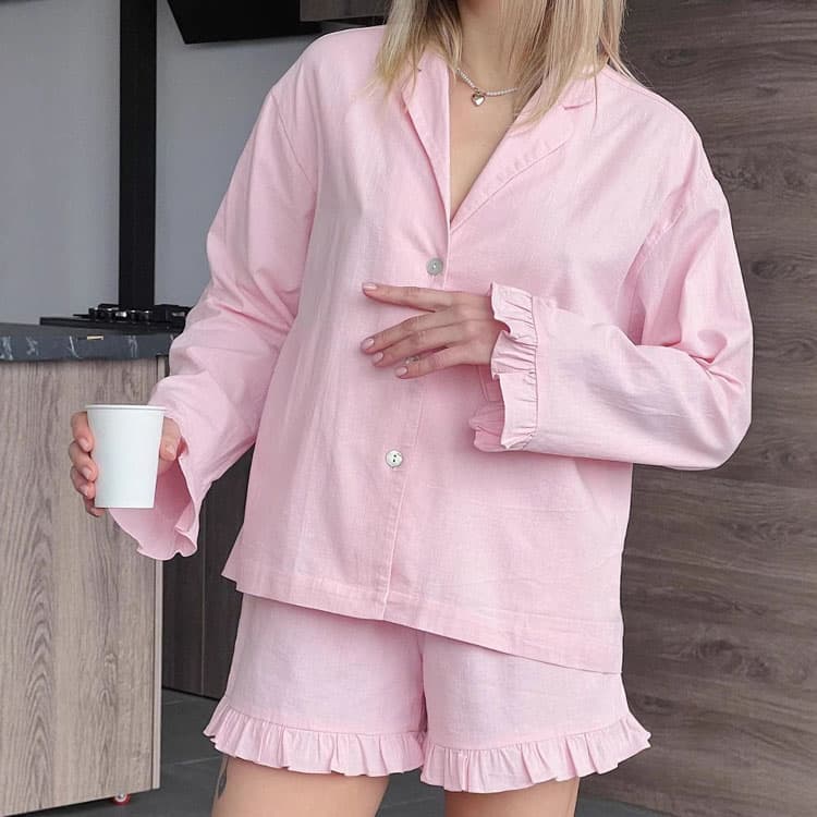 Solid Color Ruffled Pajamas Wholesale 100% Cotton Pajama Set Custom logo Stylish Loose Pajamas Factory Directly