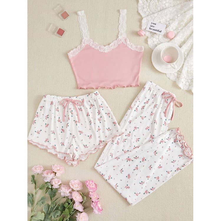 V Neck Suspender Pajamas Wholesale Women Pajamas Three Piece Set Custom logo Printed Drawstring Pajamas Factory Directly