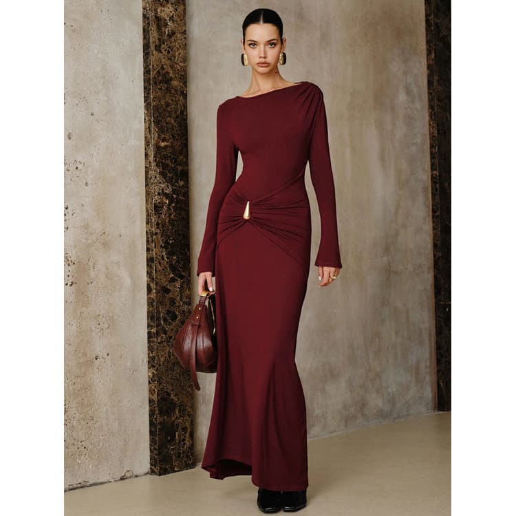 Simple Pleated Dress Wholesale Long Sleeve Dress Custom logo Slim Fit Maxi Dress Factory Direct