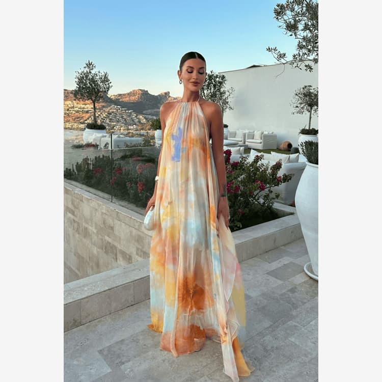 Wenshuo Printed Mesh Dress Wholesale Halter Backless Dress Custom logo Loose Maxi Dress Factory Direct