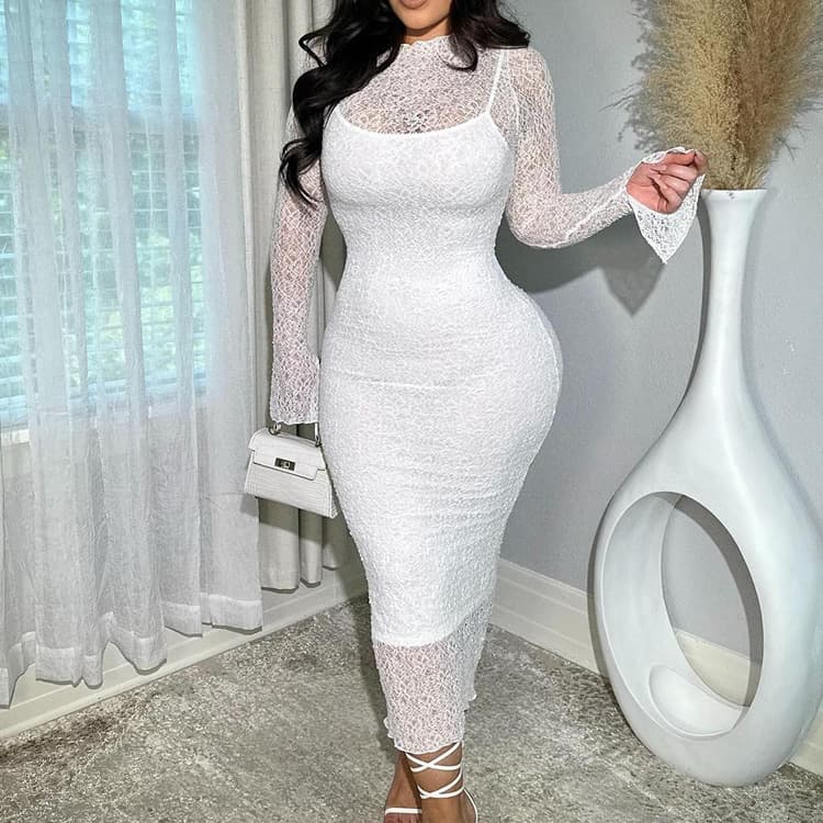 Lace Knit Dress Wholesale Slim Fit Maxi Dress Custom logo Sheer Long Sleeved Dress Factory Direct