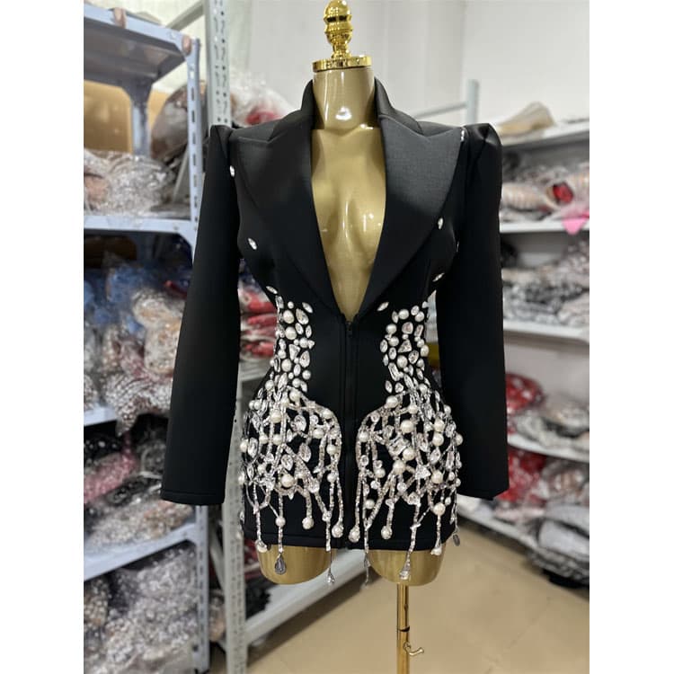 Sexy Socialite Style Evening Dress 2026 Summer New Product Lapel Neck Sexy Heavy Industry Diamond Design Dress for Women