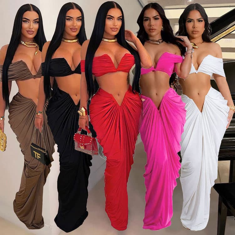Sexy Tube Top Dress Custom logo Pleated Long Dress Wholesale Waist Baring Stretch Dress Factory Directly