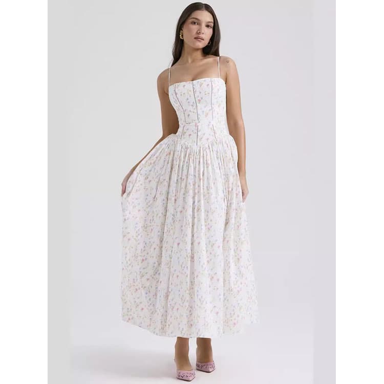 2024 New Halter Sleeveless Waist Slimming Printed Swing Dresses Beach Sexy Long Dress for Women