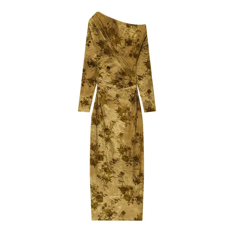 One Shoulder Long Sleeve Casual Dress Women Flocked Pleated Dress Retro Elegant Floral Print Dress