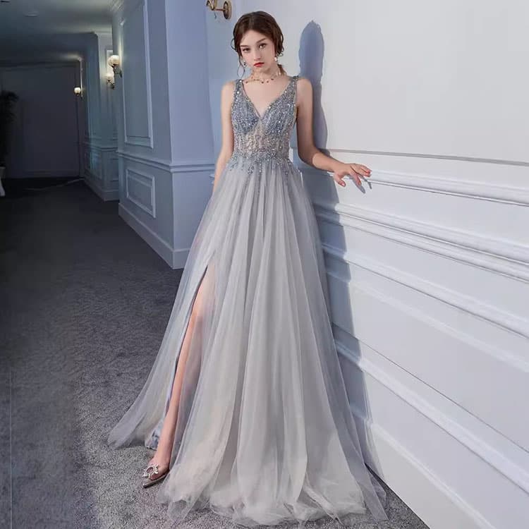 Mesh Bridesmaid Dress Custom logo Backless Evening Dress Factory Directly V Neck Long Host Dress Wholesale