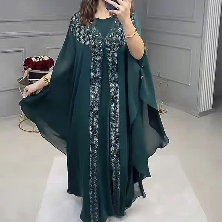 2024 New Muslim Islamic Clothing Double Layer Chiffon Abaya Rhinestone Robe Long Sleeve Women Dress