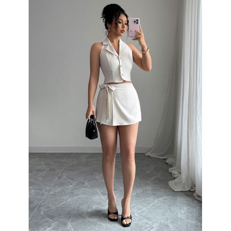 Fashion Women Suits Wholesale Sleeveless Lapel Vest Custom logo Ribbon Bow Skirt Factory Direct
