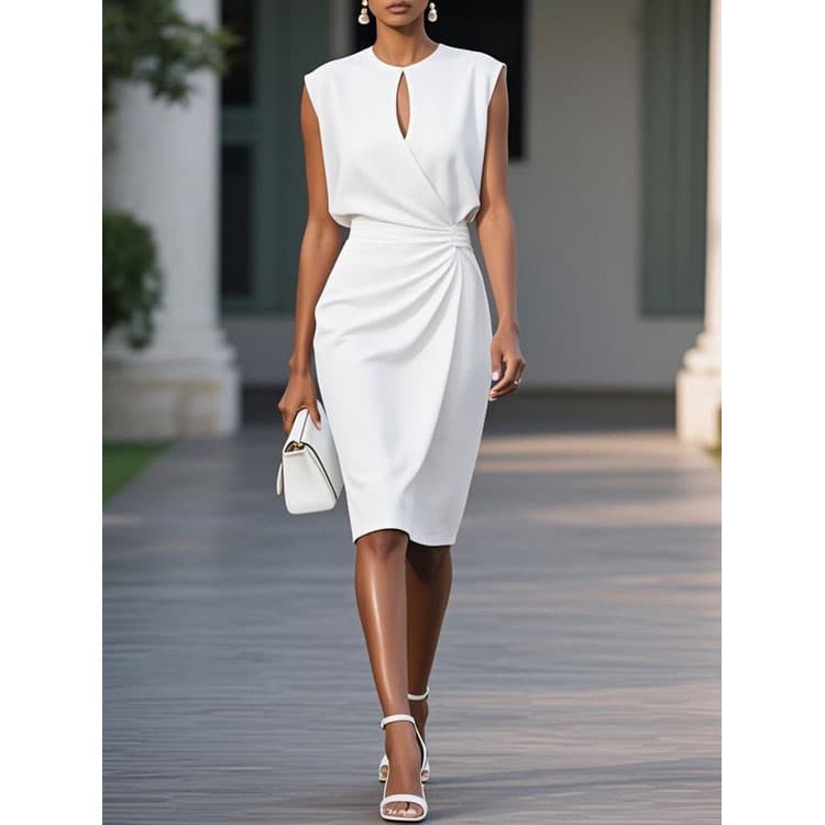 Retro Style Women Casual Dress Solid Color Knotted Round Neck Hollow Dress Slim Lady Commuter Dress