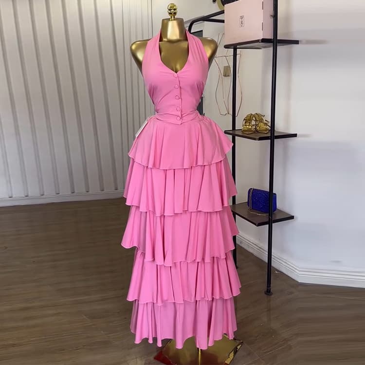 Solid Color Tiered Dress Wholesale Backless Halter Dress Custom logo Casual Ruffle Dress Factory Direct