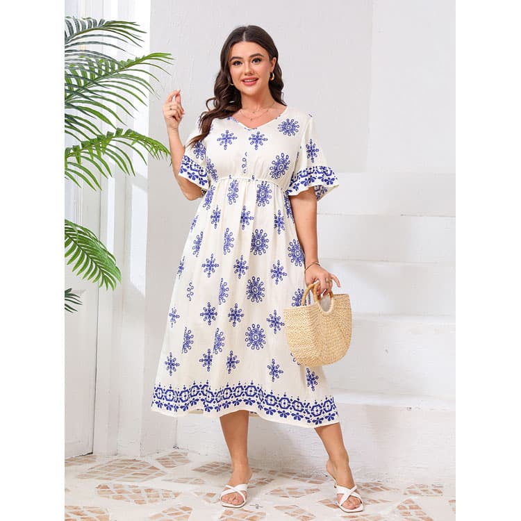 Over Size Casual Dress Custom logo Short Sleeve V Neck Dress Directly Printed Loose Dress Wholesale