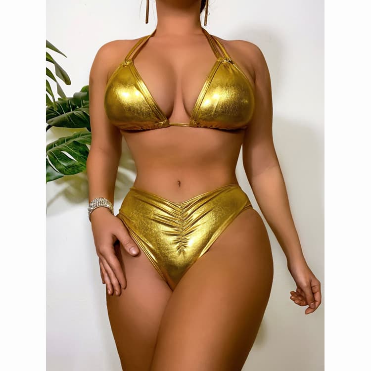 Golden Bikini 2026 High Waist Shiny Tow Piece Brazilian Push up Swimwear for Women