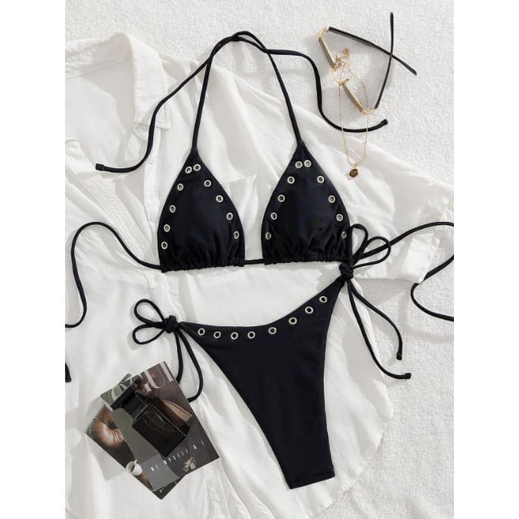 2026 Solid Color Black White Hollow Throng Sexy 2 Piece Set Sexy Hot Spring Beach Sea Swimsuit Wholesale