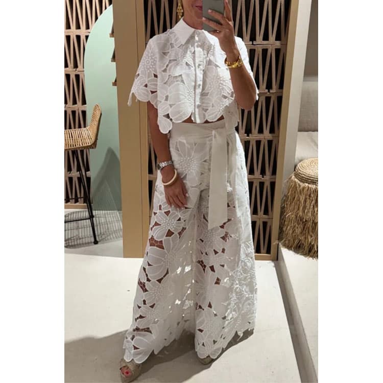 Lace Pattern Top Custom logo Hollow Knit Women Set Wholesale Fashion Ribbon Trousers Factory Direct
