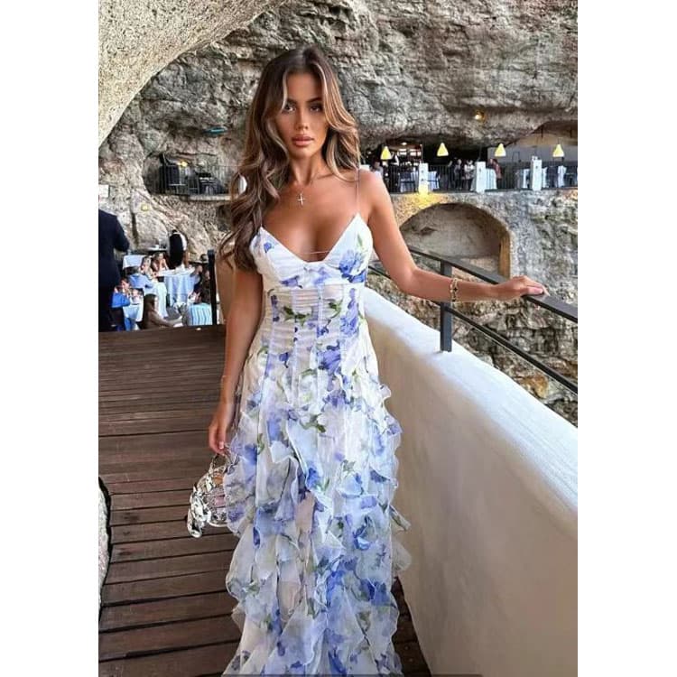 Printed Lace Dress Custom logo Slip Backless Long Dress Directly Flower Mesh Dress Wholesale