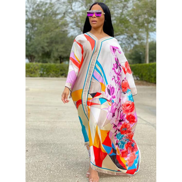 Wholesale New Cover Ups Fashion Printed Bikini Cover Ups Casual Loose V Neck Dresses