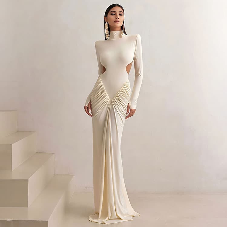 Backless Floor Length Dress Wholesale Stylish Pleated Maxi Dress Custom logo Solid Turtleneck Dress Factory Direct