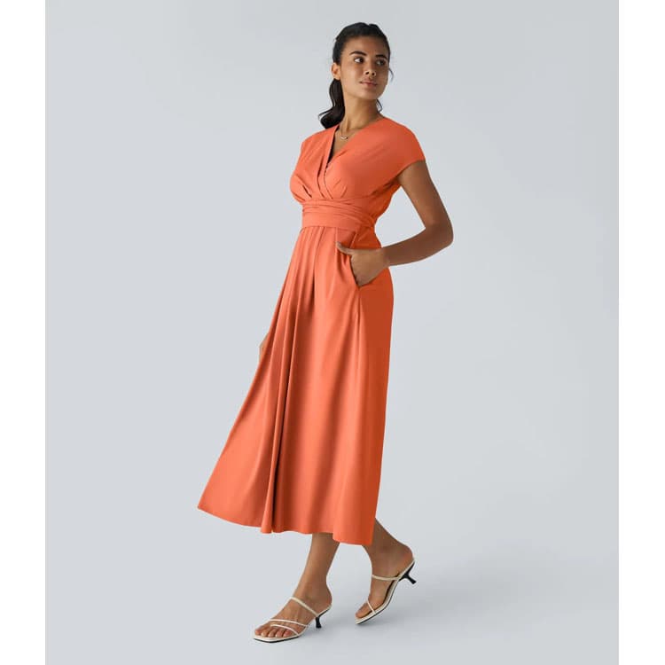 Solid Color Pleated Dress Custom logo V Neck Short Sleeve Dress Wholesale Fashionable Long Dress Factory Direct